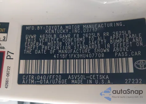 2017 Toyota Camry Se from USA, damaged, VIN 4T1BF1FK9HU407708